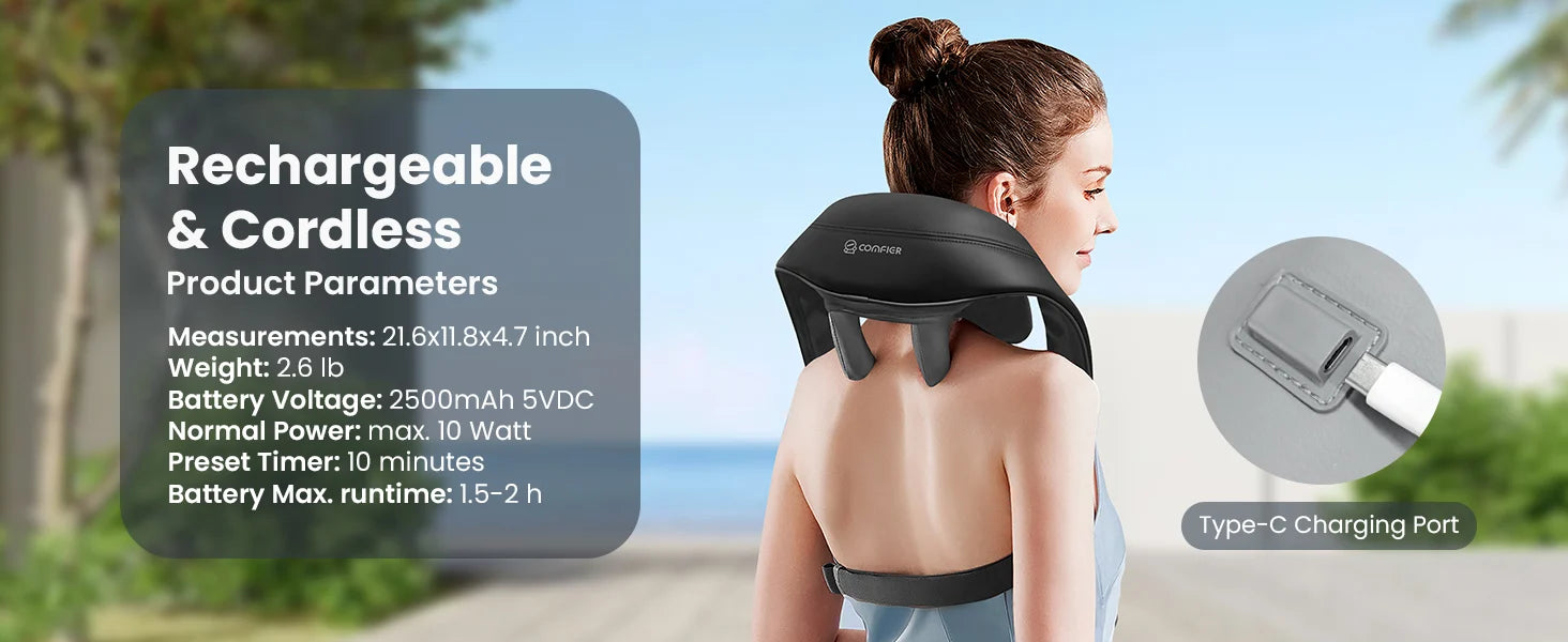 A woman shown from behind wearing a black rechargeable cordless neck and upper back massager, with product feature text on the left and a charging port detail inset on the right.