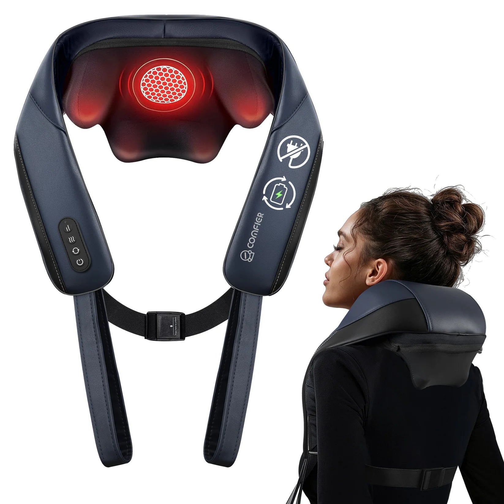A neck and shoulder massage device shown on a white background, with a woman wearing it on her neck in profile. The device is dark gray with a red glowing massage head and visible control buttons and mode icons.