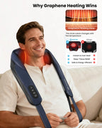 A smiling man wearing a navy blue neck and shoulder massage pillow with built-in controls, seated on a light beige sofa. The image includes marketing text and inset graphics explaining graphene heating and temperature-changing red light zones.