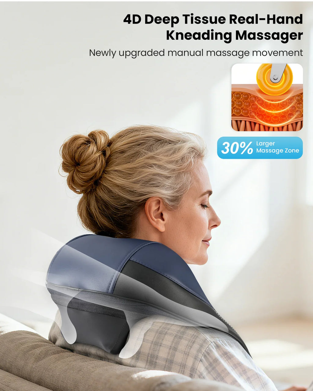 Woman using a 4D Deep Tissue Real-Hand Kneading Massager on her neck and shoulders.