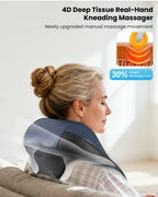 Woman using a 4D Deep Tissue Real-Hand Kneading Massager on her neck and shoulders.
