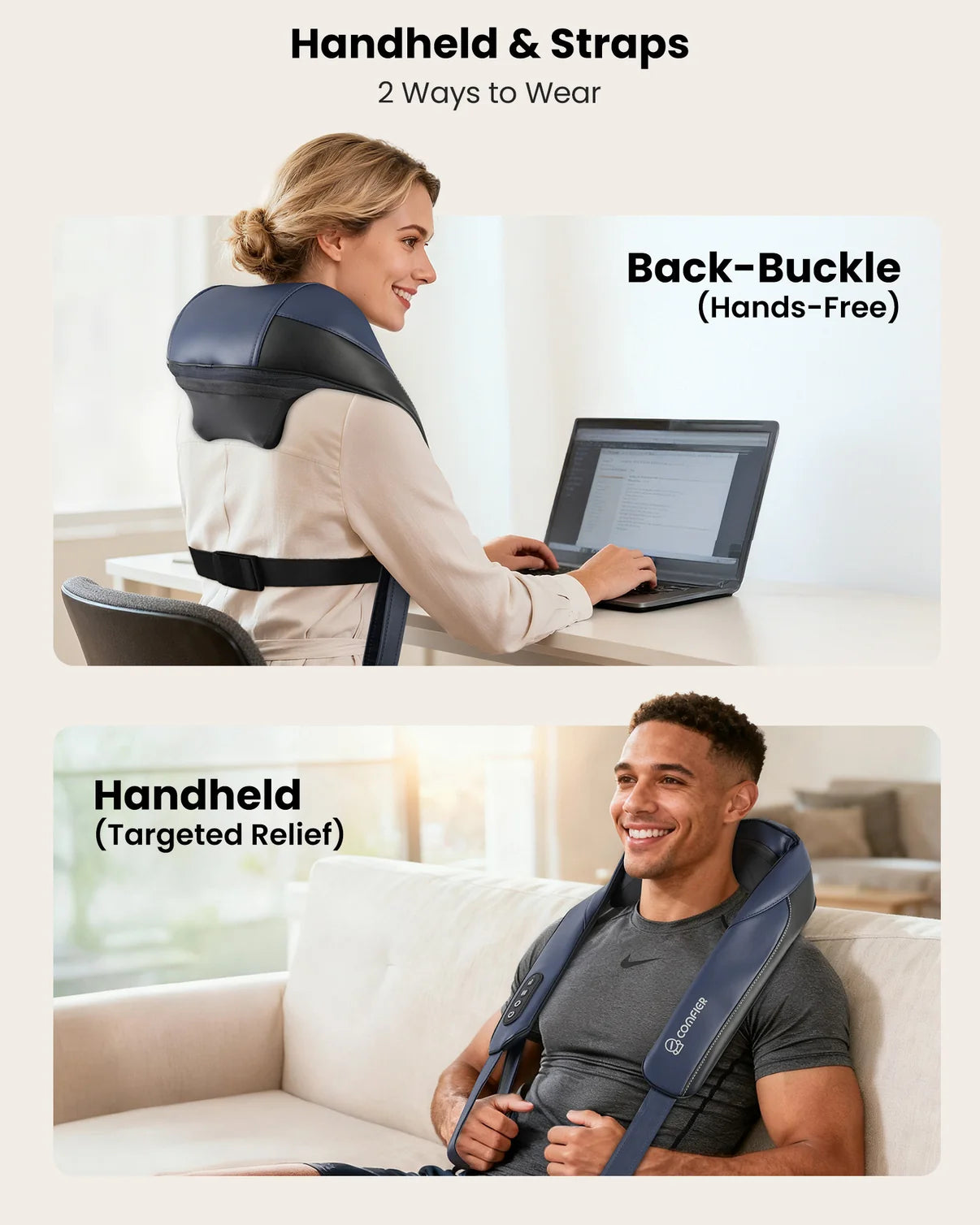 A promotional collage showing a neck and back support pillow in three use cases: a woman working at a desk using the back-buckle mode, and a man sitting on a couch using the handheld mode for targeted relief. Text labels describe the features.