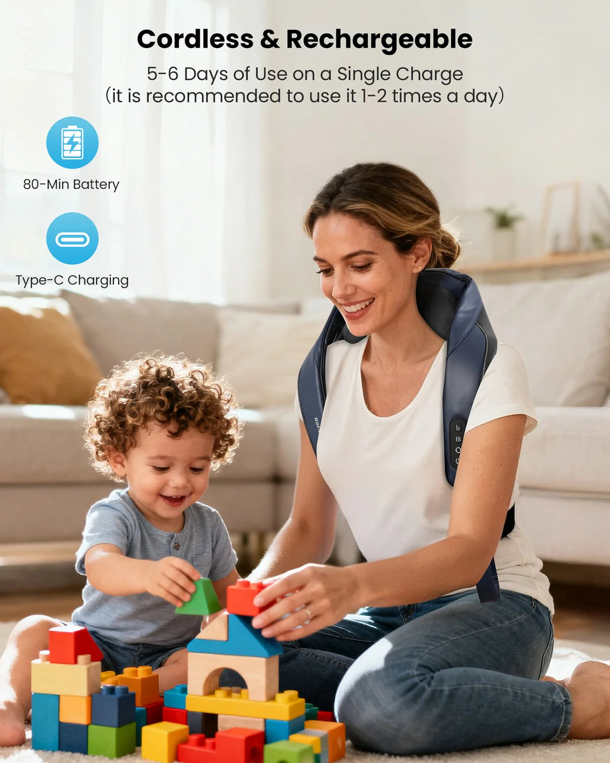 Woman and child playing with colorful building blocks in a living room.