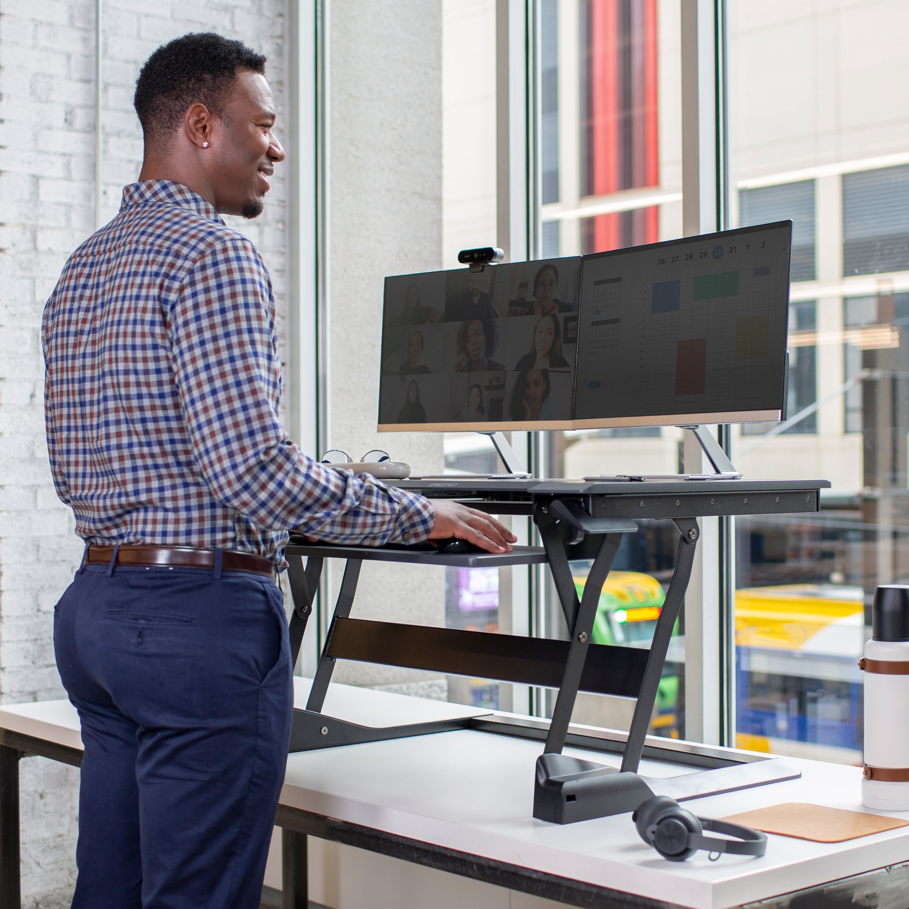 Ergotron WorkFit-TL Standing Desk Workstation – Height Adjustable Sit-Stand Desk Converter with Black Frame & Grey Surface