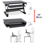 Adjustable standing desk with dimensions and usage illustrations on a white background