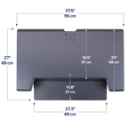 Gray desk with dimensions labeled on a white background