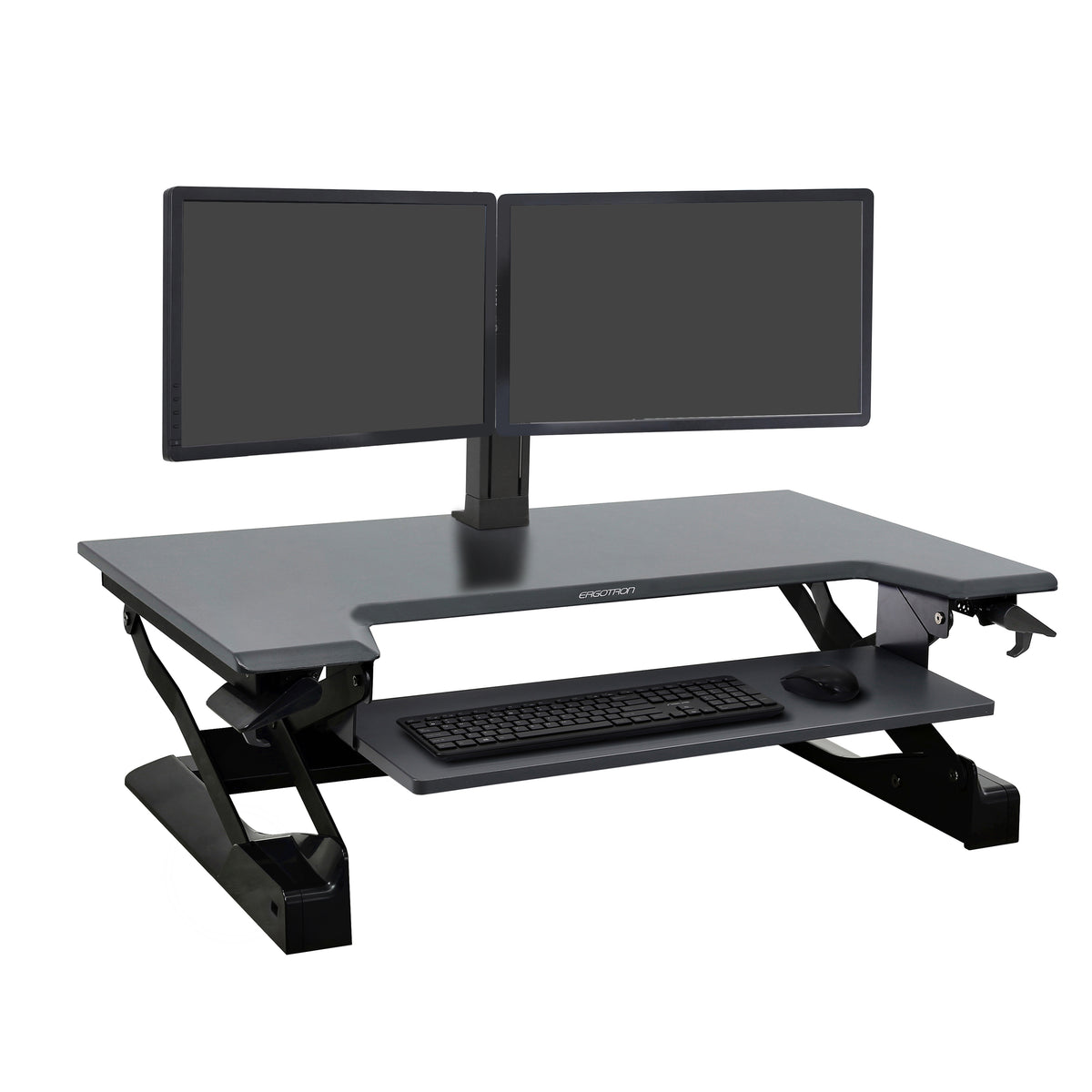 Black adjustable standing desk with dual monitor stand and keyboard tray on a white background