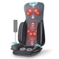 A Coovaker electric seat massage chair shown on a white background with a remote control. The image features a semi-transparent overlay illustrating massage functions, including red glowing nodes, directional arrows, and circular patterns on the headrest, lumbar, and footrest.