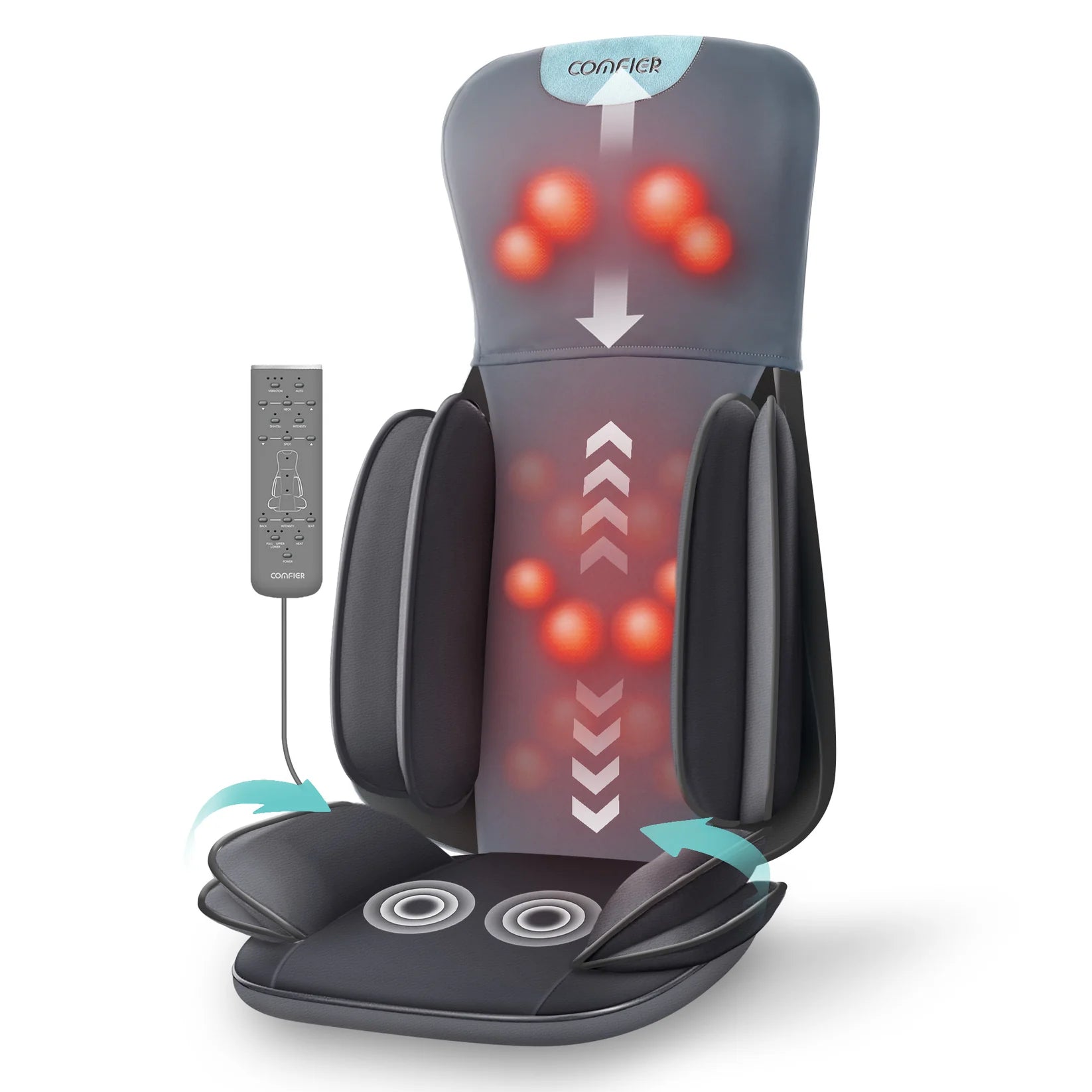 A Coovaker electric seat massage chair shown on a white background with a remote control. The image features a semi-transparent overlay illustrating massage functions, including red glowing nodes, directional arrows, and circular patterns on the headrest, lumbar, and footrest.
