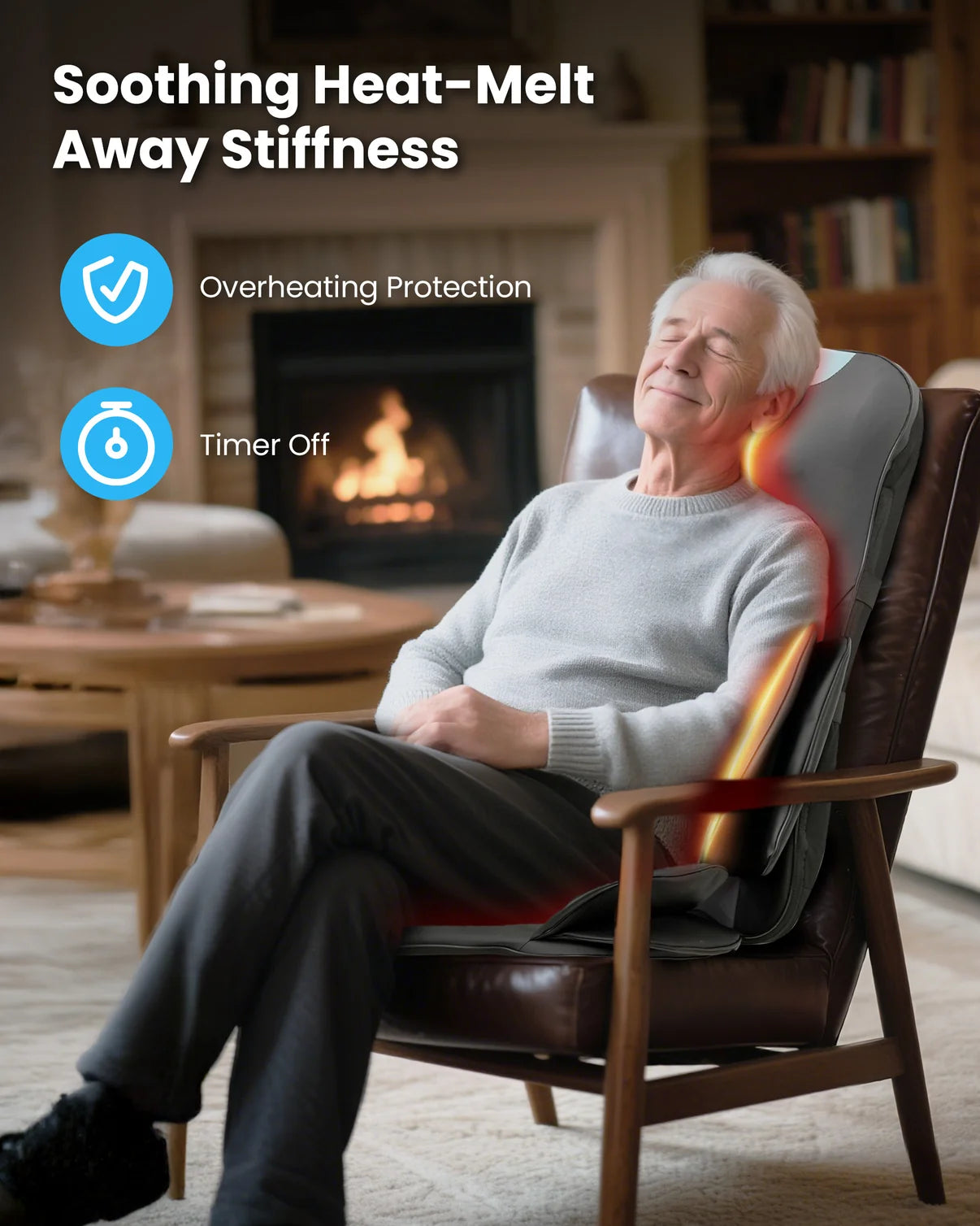 Man relaxing in a chair with a heating pad, text 'Soothing Heat-Melt Away Stiffness' and icons for overheating protection and timer off.
