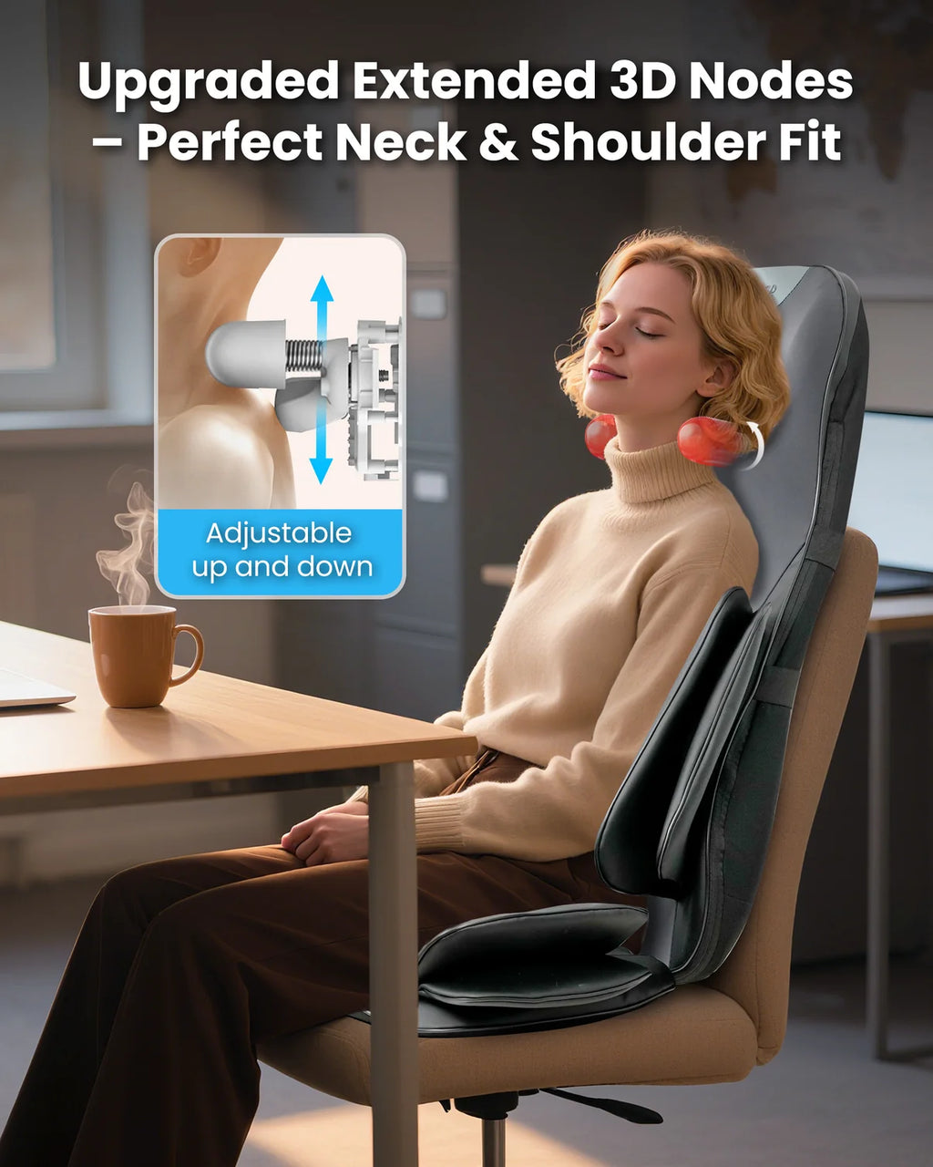 Woman using a massage chair with text about 4D nodes and neck/shoulder fit.