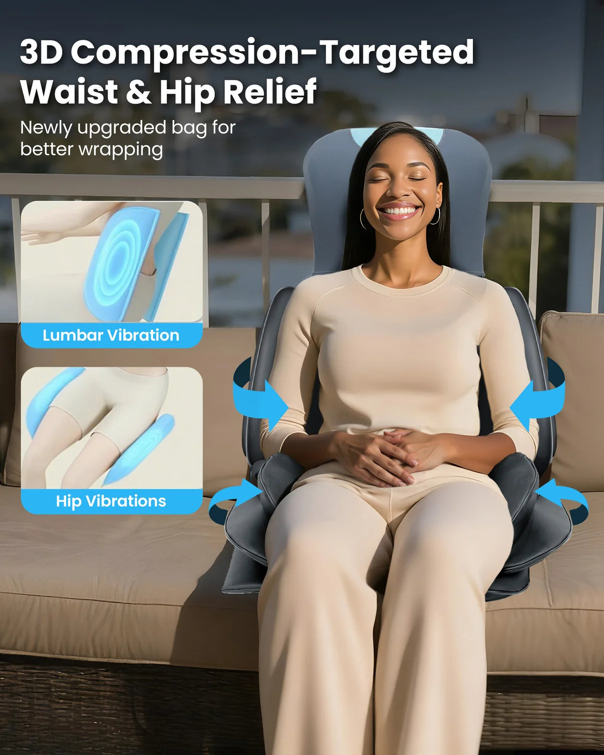 Woman using a 3D compression-targeted waist and hip relief device on a couch.