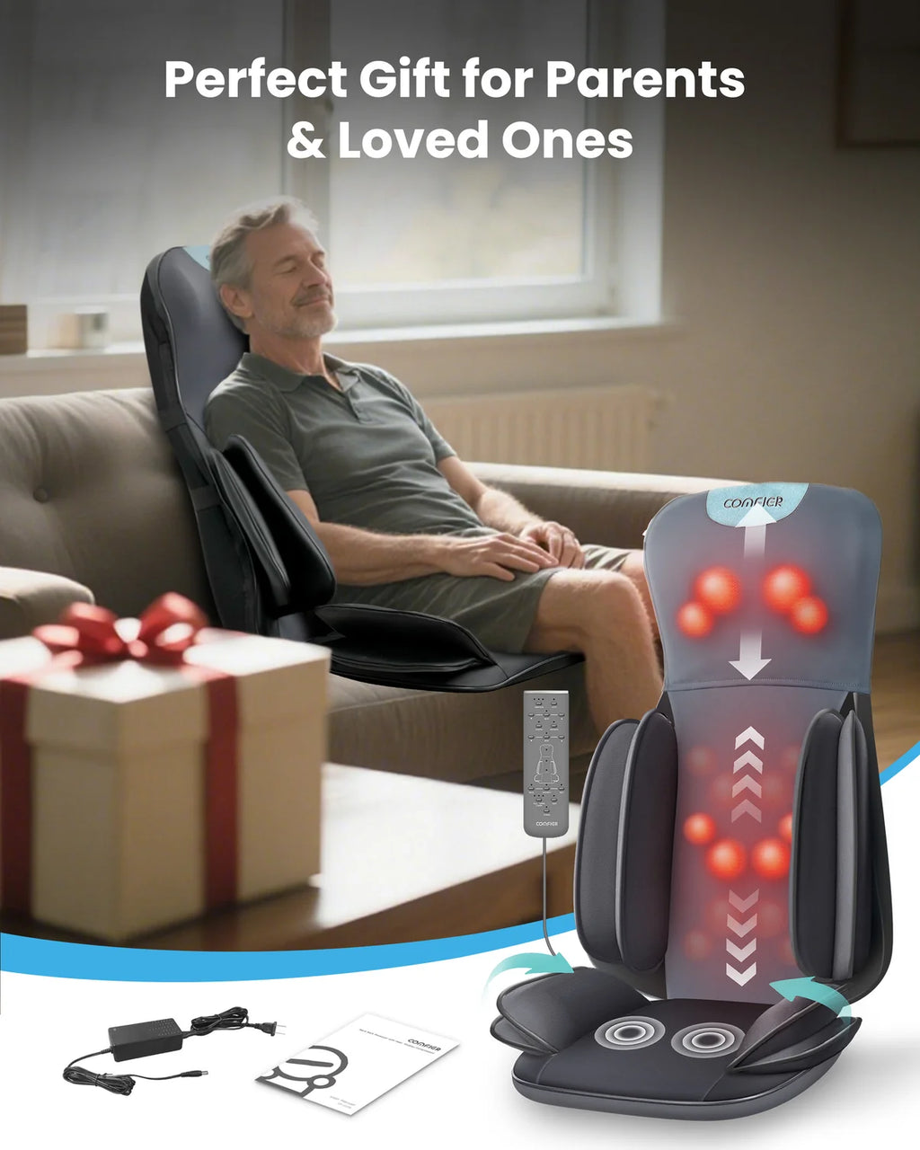 A man relaxes in a black massage chair in a living room setting, with a gift box nearby. The image also features a digital graphic overlay of the massage chair showing red massage nodes and the text 'Perfect Gift for Parents & Loved Ones'.