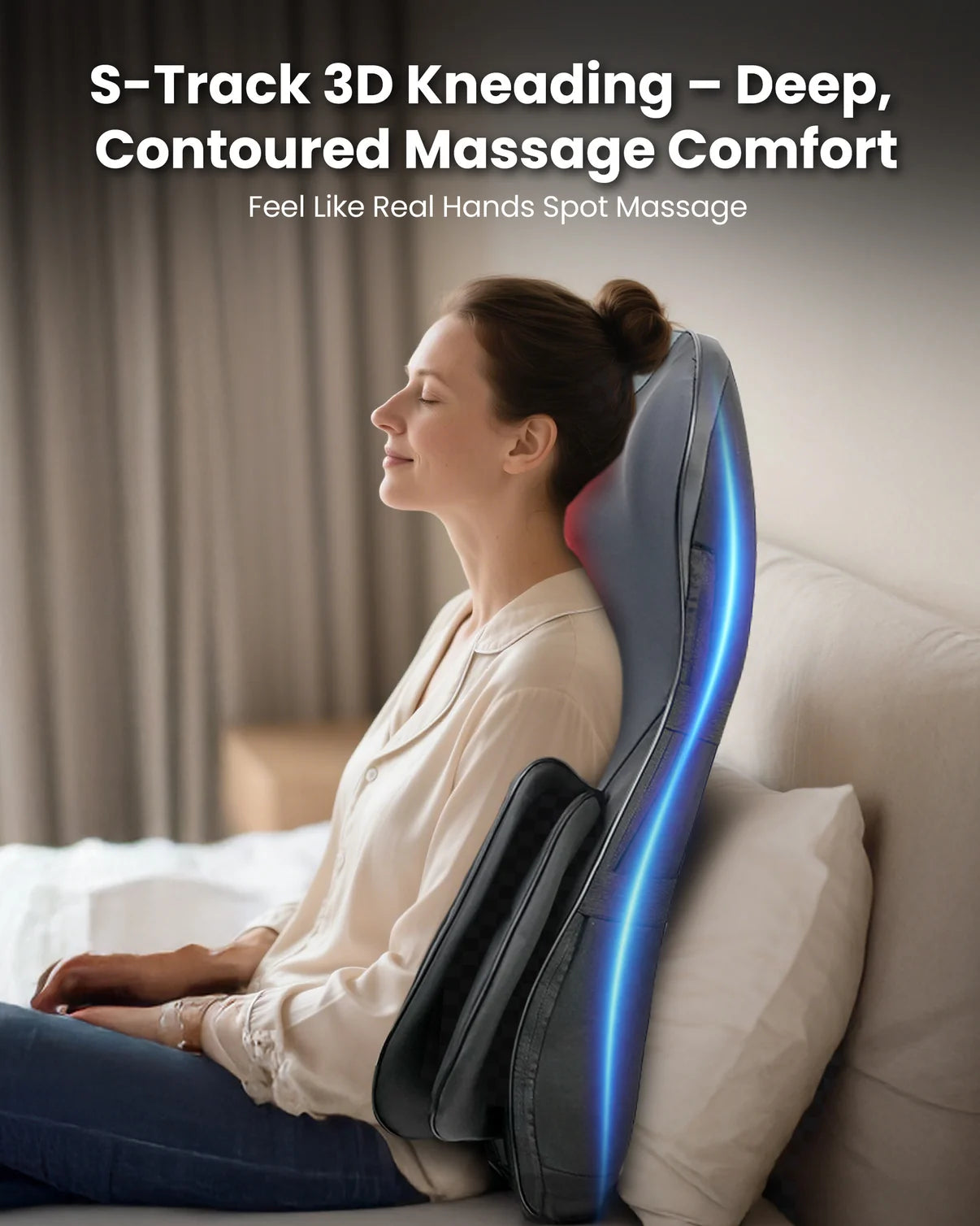 Woman using a massage device with text about S-Track 4D Kneading comfort.