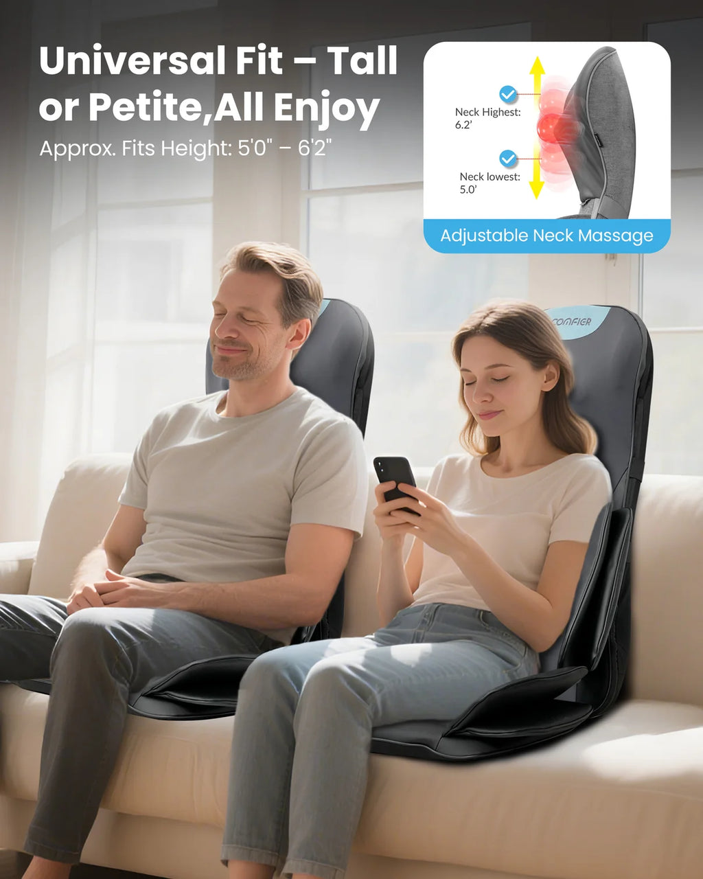 Two people sitting on a black adjustable lumbar support chair on a beige sofa in a bright living room. Text at the top reads 'Universal Fit – Tall or Petite, All Enjoy' with height fit information, and a small inset shows neck massage adjustment.
