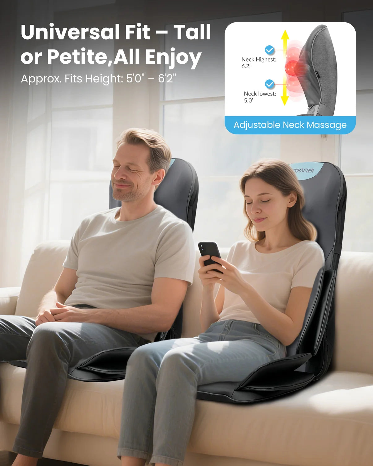 Two people sitting on a black adjustable lumbar support chair on a beige sofa in a bright living room. Text at the top reads 'Universal Fit – Tall or Petite, All Enjoy' with height fit information, and a small inset shows neck massage adjustment.