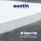 Mattress with white border and 'austin AIR SYSTEMS' branding, featuring text about air filtration.