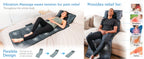 Vibration massage mat shown in two lifestyle scenes: a woman lying down on a bed and a man reclining on a sofa. The right side includes a small inset showing relief areas including neck, shoulders, back, thighs, and calves.