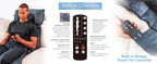 An informational product graphic showing a person reclining on a massage chair, a close-up of the chair's built-in controller, and printed feature callouts for the remote and massage areas. Text reads 'Built-in Controller' and 'Built-in Storage Pouch For Controller.