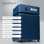 Blue HealthMate Junior air purifier by Austin Air Systems with features listed on a gray background
