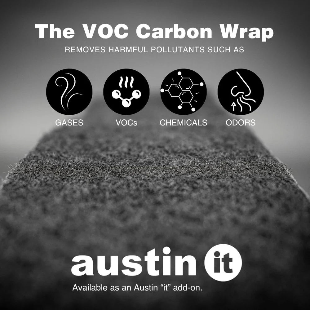Promotional graphic for Austin It VOC Carbon Wrap, showing a close-up of a dark textured carbon filter material with text explaining its ability to remove gases, VOCs, chemicals, and odors.