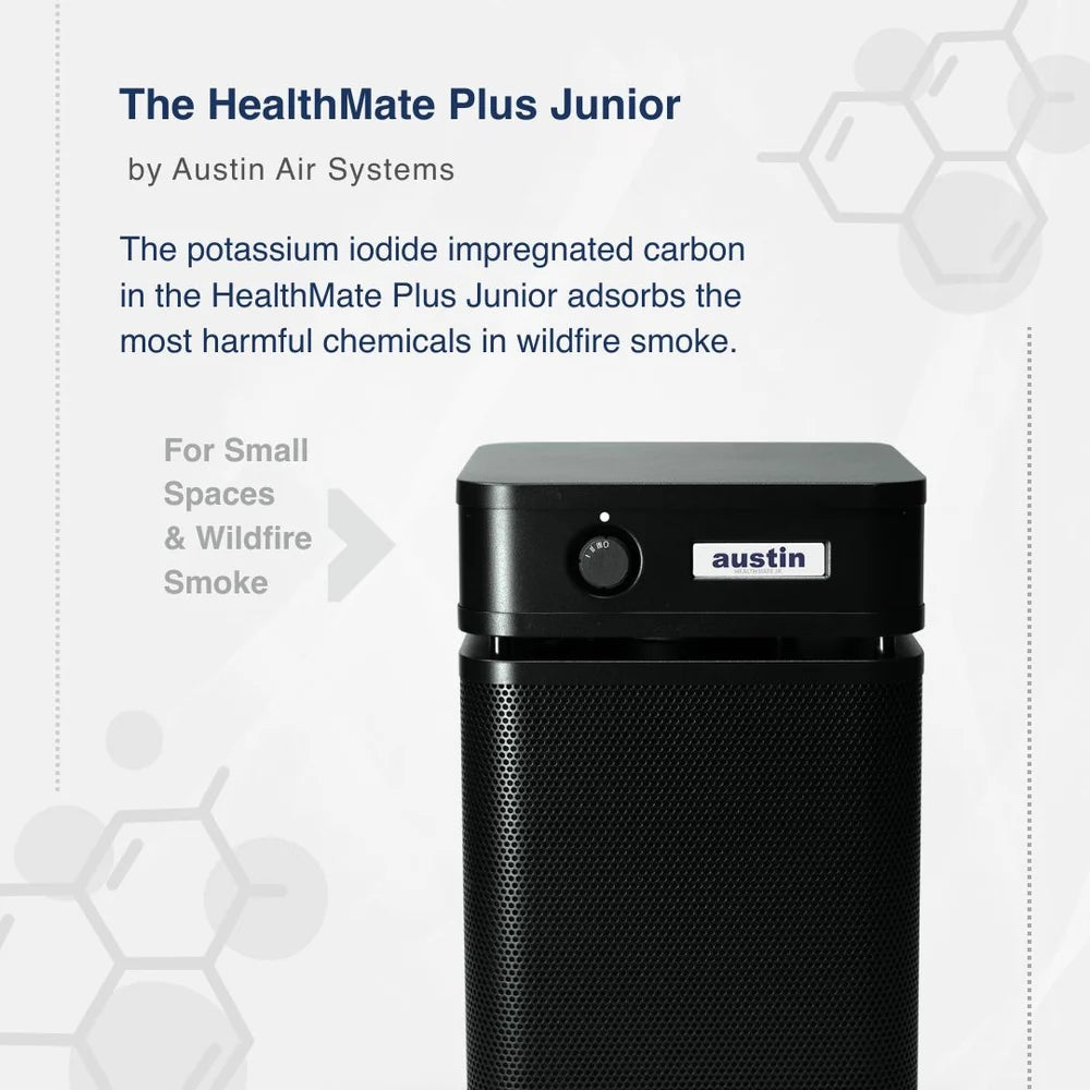 Austin Air Systems HealthMate Plus Junior potassium iodide carbon filter for small spaces and wildfire smoke, shown in black with a white brand label on a light gray graphic background with text.
