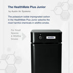 Austin Air Systems HealthMate Plus Junior potassium iodide carbon filter for small spaces and wildfire smoke, shown in black with a white brand label on a light gray graphic background with text.