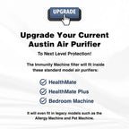 A promotional upgrade graphic for an Austin Air Purifier, showing a blue 'UPGRADE' button with a hand cursor, plus text listing compatible models: HealthMate, HealthMate Plus, and Bedroom Machine.
