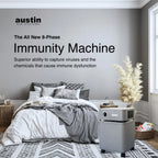 Advertisement for the All New 9-Phase Immunity Machine by Austin Healthcare in a bedroom setting.