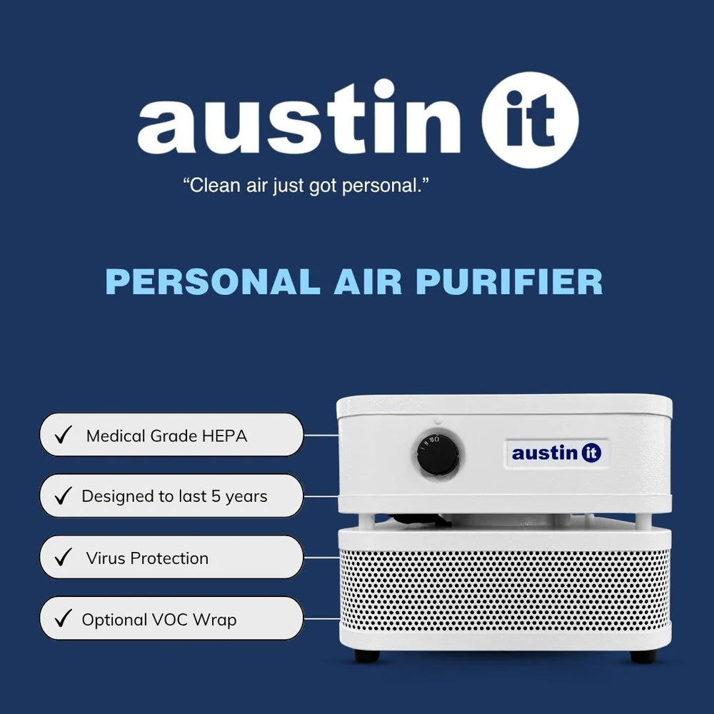 Austin It personal air purifier on a blue background with brand logo.