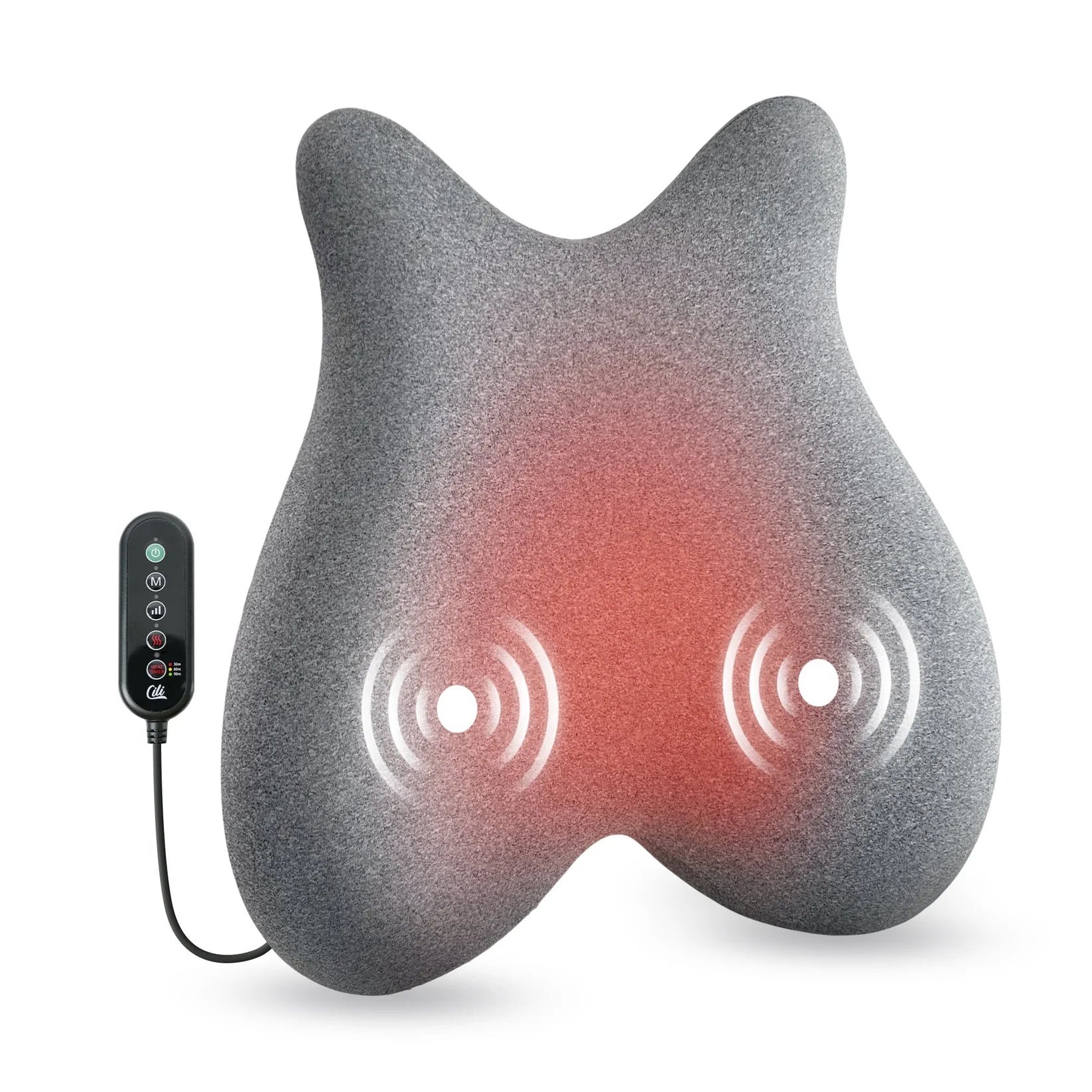A gray textured hot stone massage pillow with a dual-lobed shape, featuring a red heat gradient overlay and white circular wave graphics indicating massage zones. A black remote control with buttons and a connecting cable is shown to the left on a clean white background.