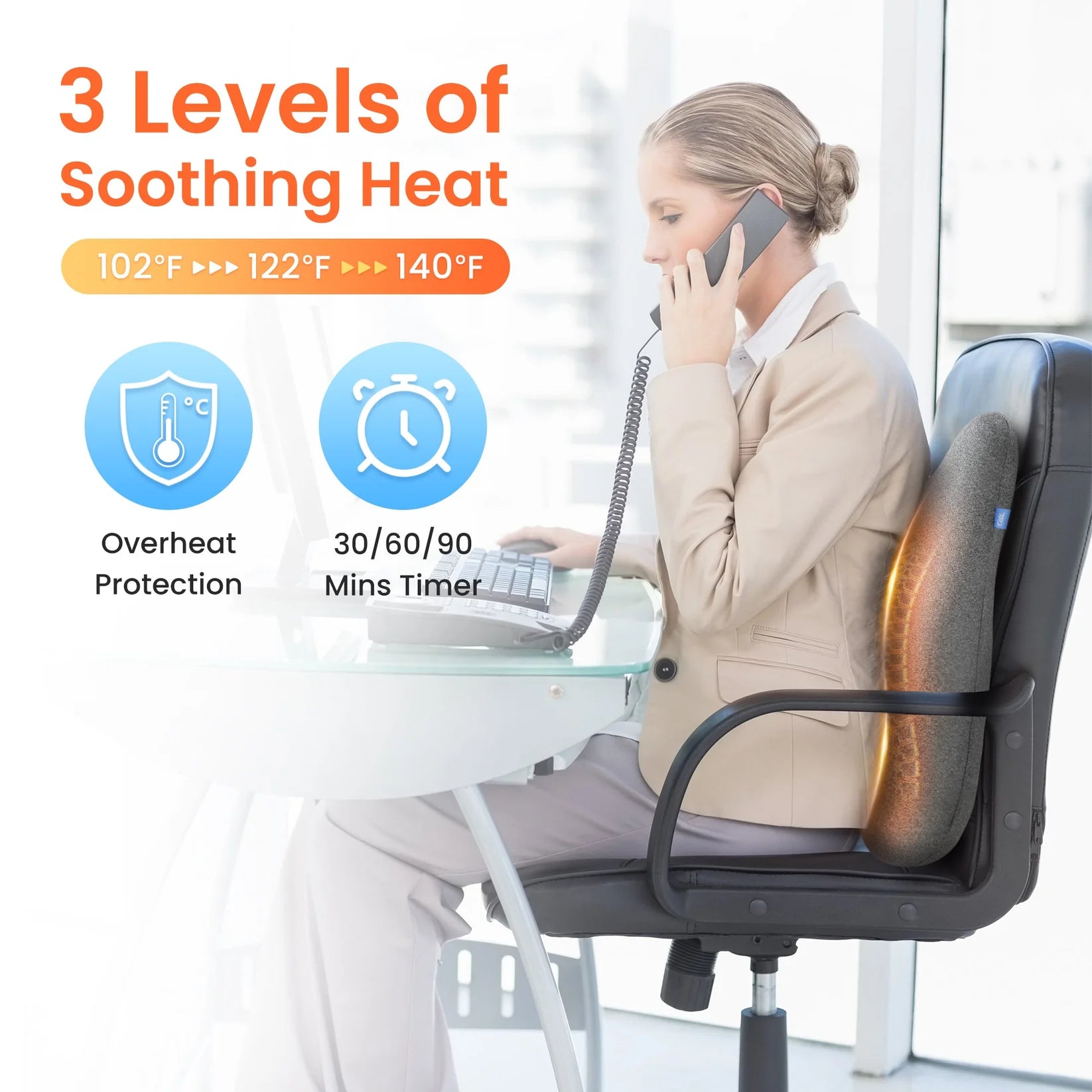 Woman using a heated office chair with text on levels of soothing heat and features.