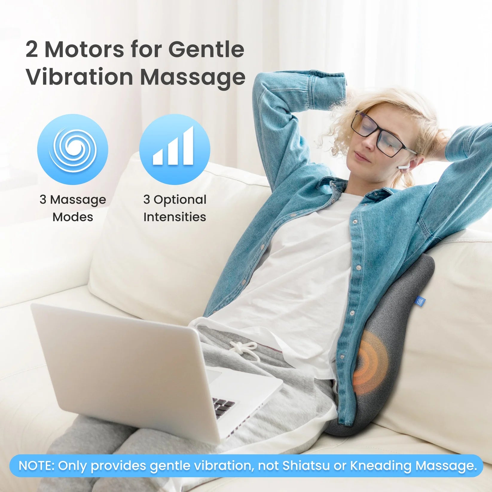 Person using a massage pillow with text about motor functions on a white background
