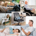 Collage of people using various types of chairs and a bed.