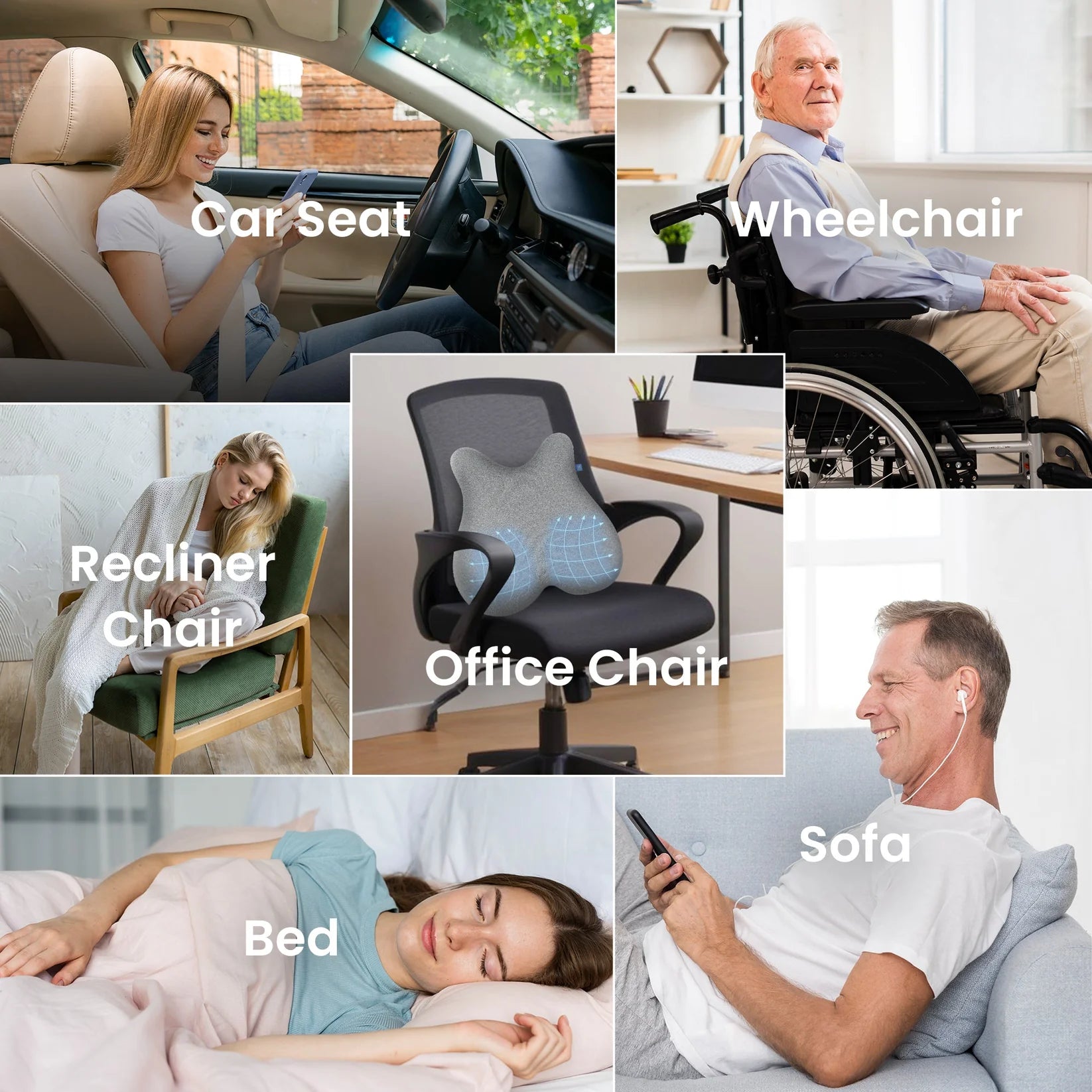 Collage of people using various types of chairs and a bed.