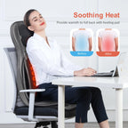 Woman using a heating pad on an office chair with text 'Soothing Heat' and 'Provide warmth to full back with heating pad'.