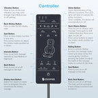 Controller panel with labeled buttons for massage seat functions on a white background