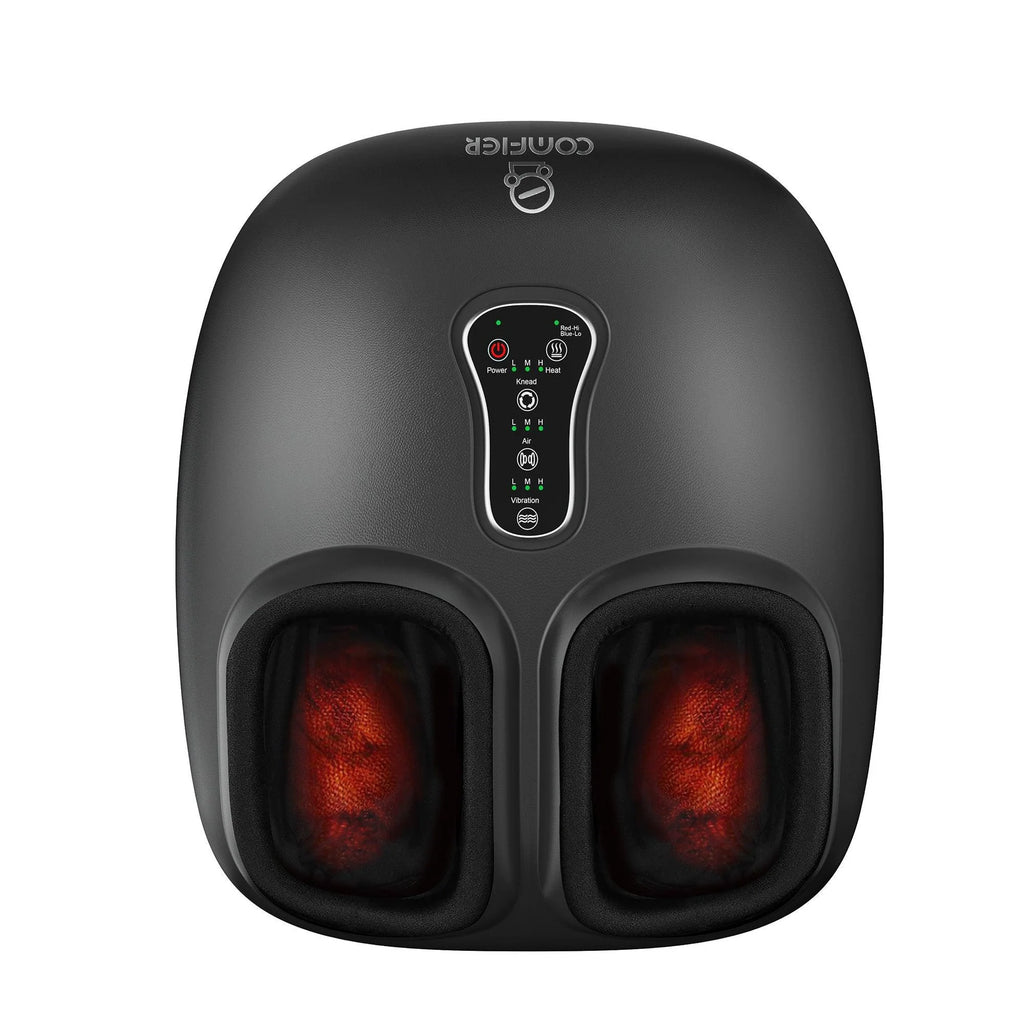 A black foot massager with two illuminated red heating zones and a central control panel, shown on a plain white background.