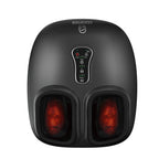 A black foot massager with two illuminated red heating zones and a central control panel, shown on a plain white background.