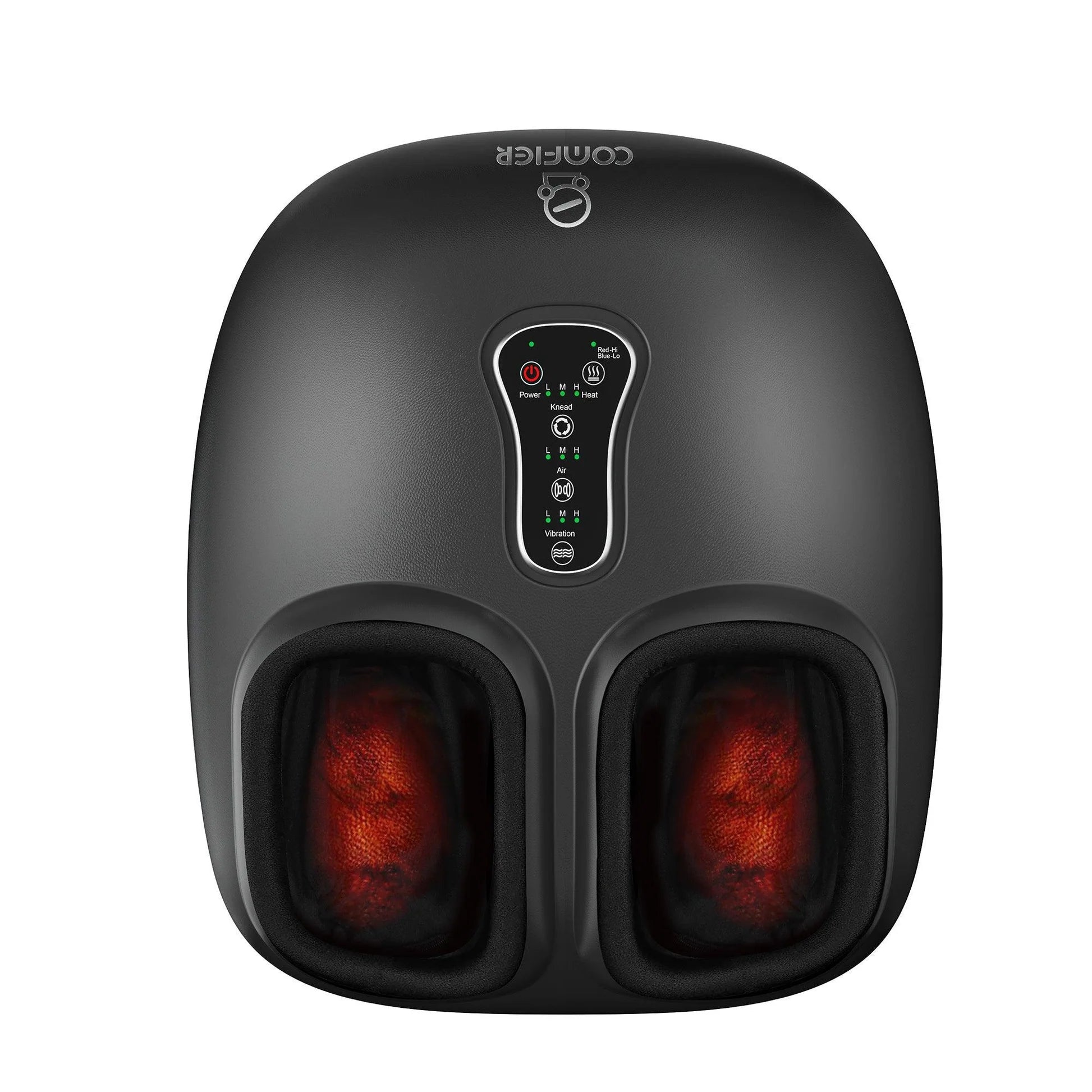 A black foot massager with two illuminated red heating zones and a central control panel, shown on a plain white background.