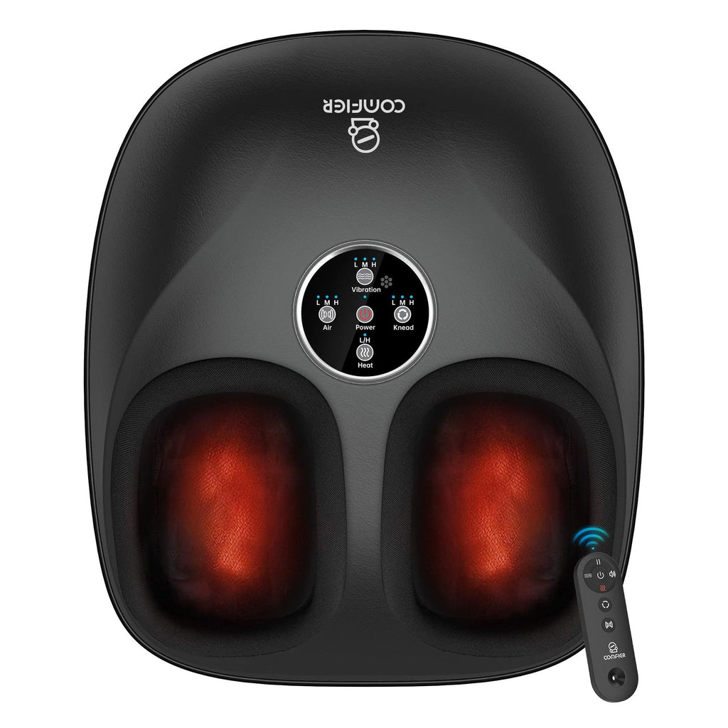 A black Conifer foot massage machine with glowing red heat zones in both feet, featuring a central control panel and a separate remote control on a plain white background.