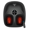 A black Conifer foot massage machine with glowing red heat zones in both feet, featuring a central control panel and a separate remote control on a plain white background.