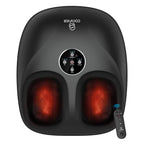 A black Conifer foot massage machine with glowing red heat zones in both feet, featuring a central control panel and a separate remote control on a plain white background.