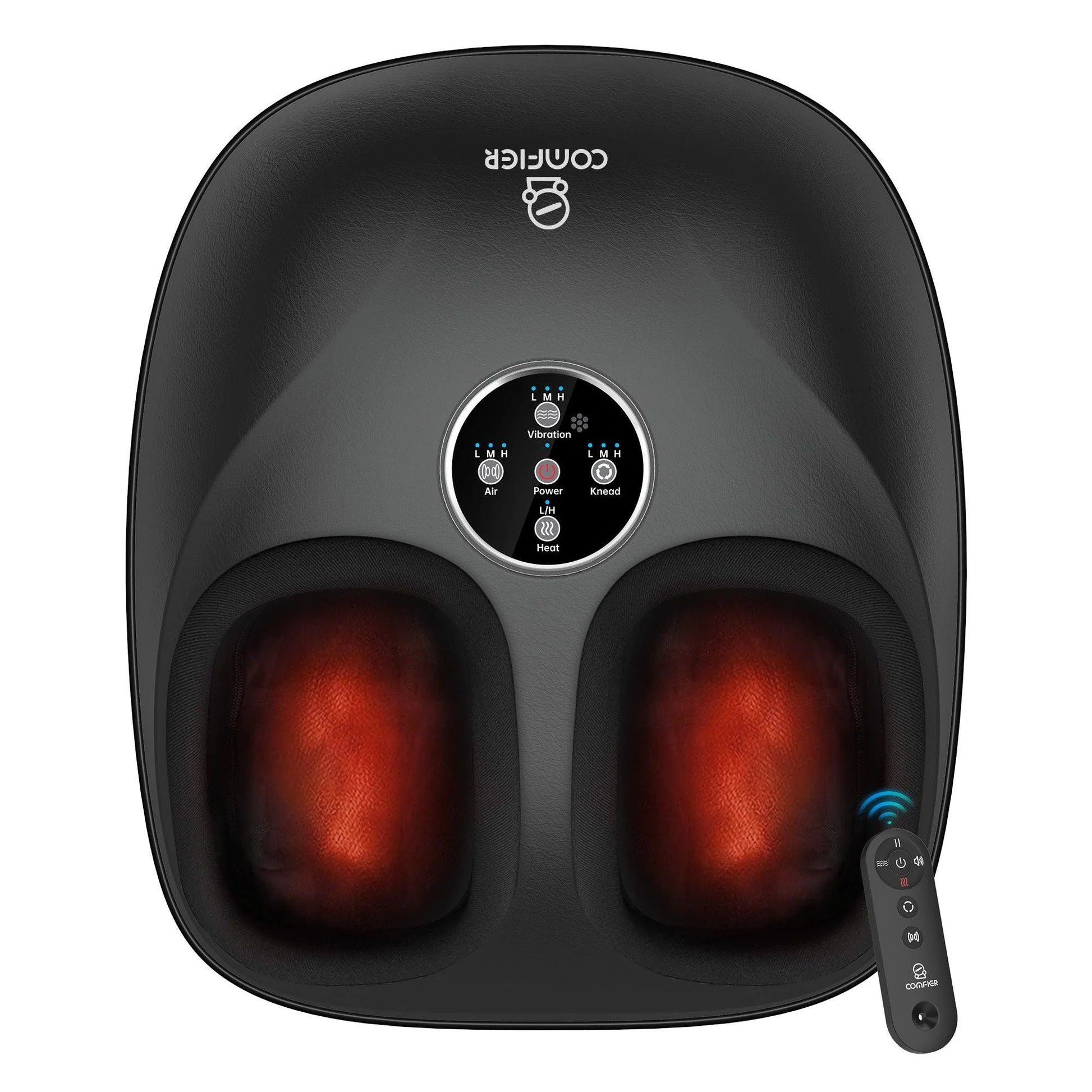 A black Conifer foot massage machine with glowing red heat zones in both feet, featuring a central control panel and a separate remote control on a plain white background.