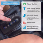 Massage device with control panel and labeled buttons for power, foot shiatsu, leg mode, heat, and massage pressure.