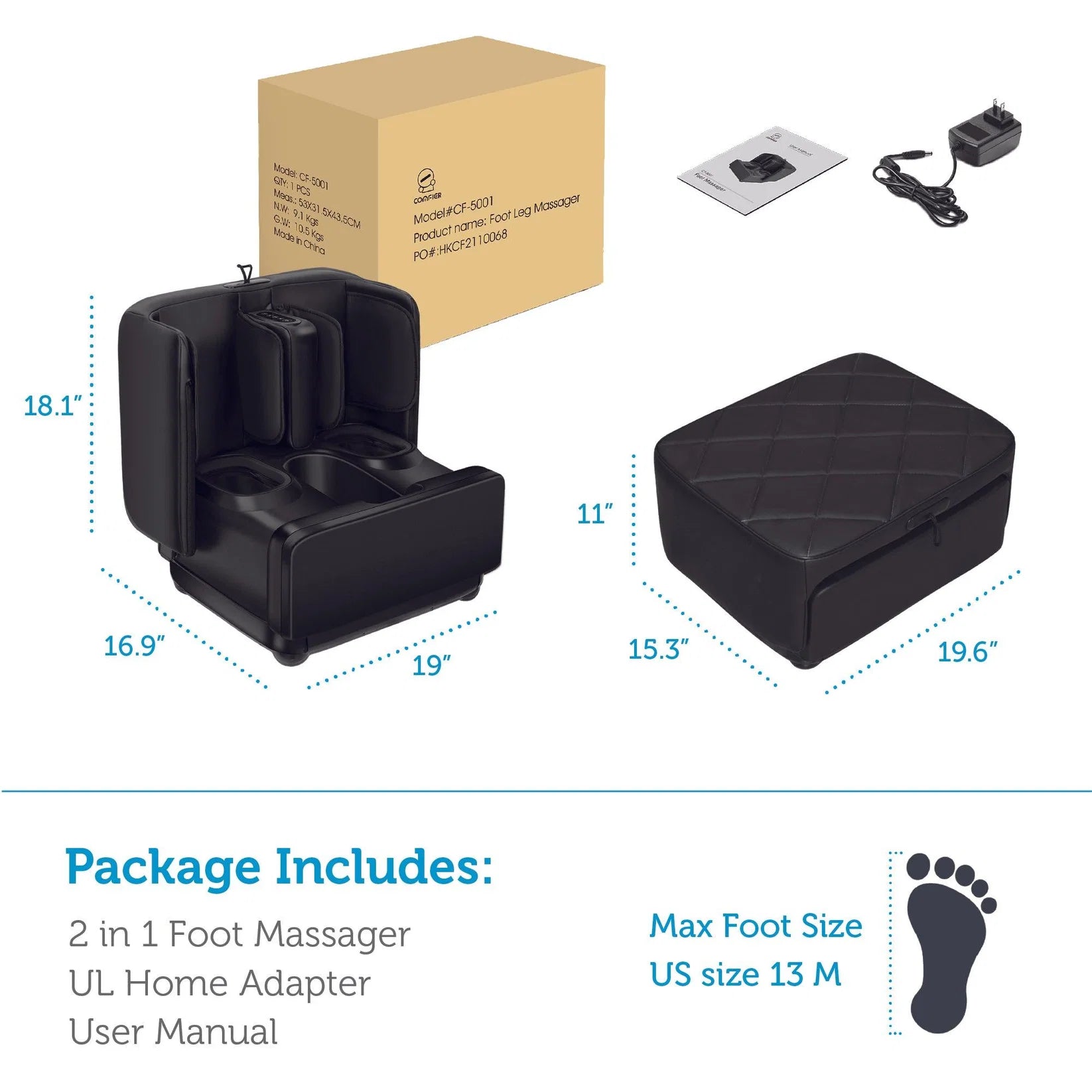 Comfier 2-in-1 Foot & Calf Massager with Heat, Shiatsu, Air Compression & Vibration | Heated Ottoman Foot Rest by Skinthetik™