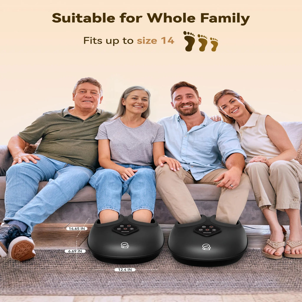 Family using foot massagers with text indicating suitability for all family members and size range.