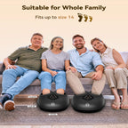 Family using foot massagers with text indicating suitability for all family members and size range.