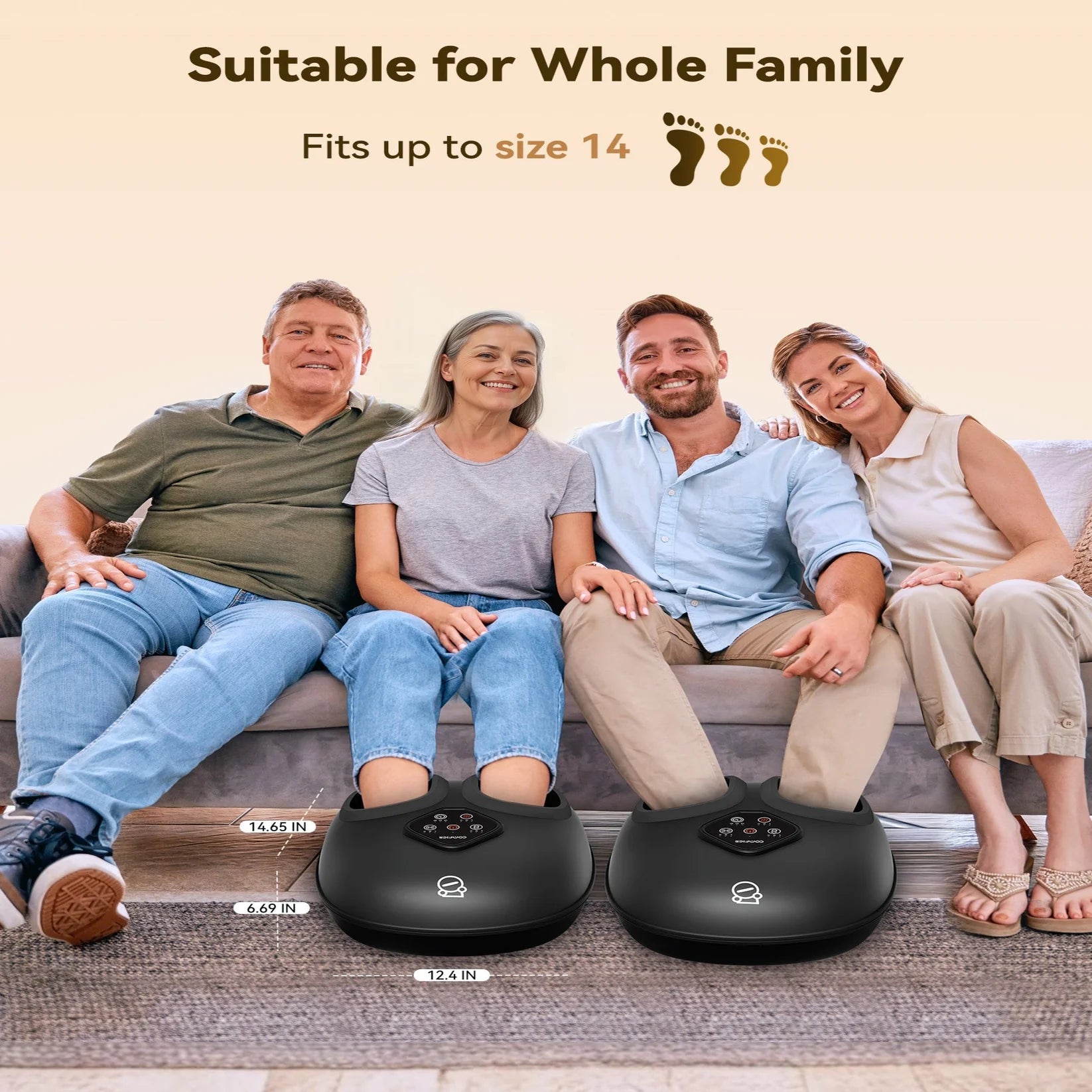 Family using foot massagers with text indicating suitability for all family members and size range.