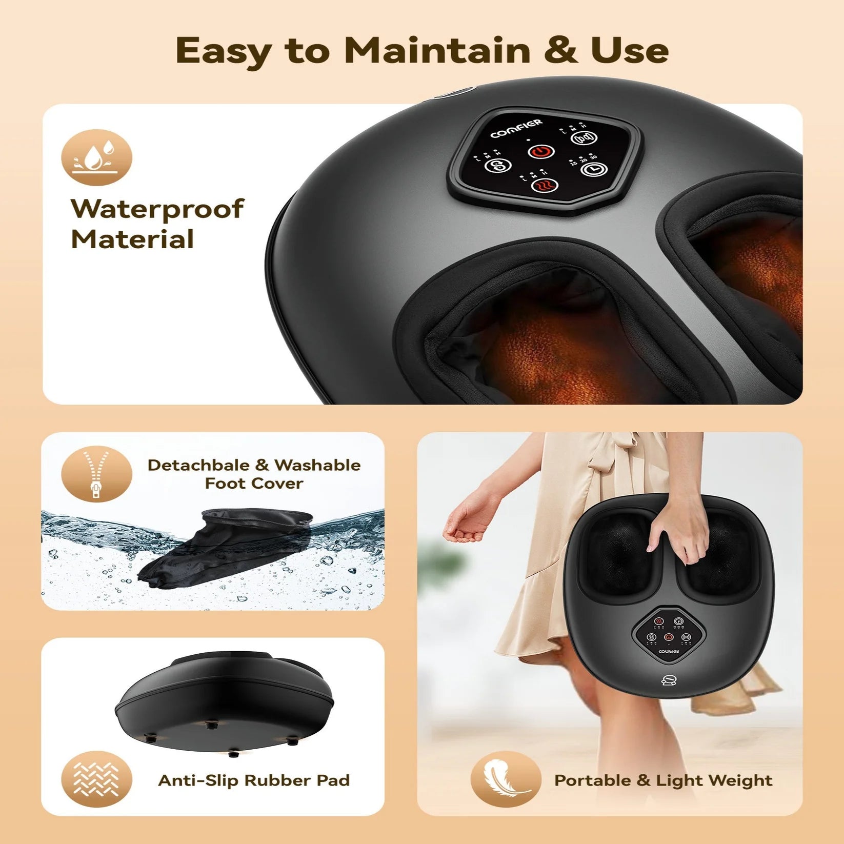 Black foot massager with features highlighted on a beige background
